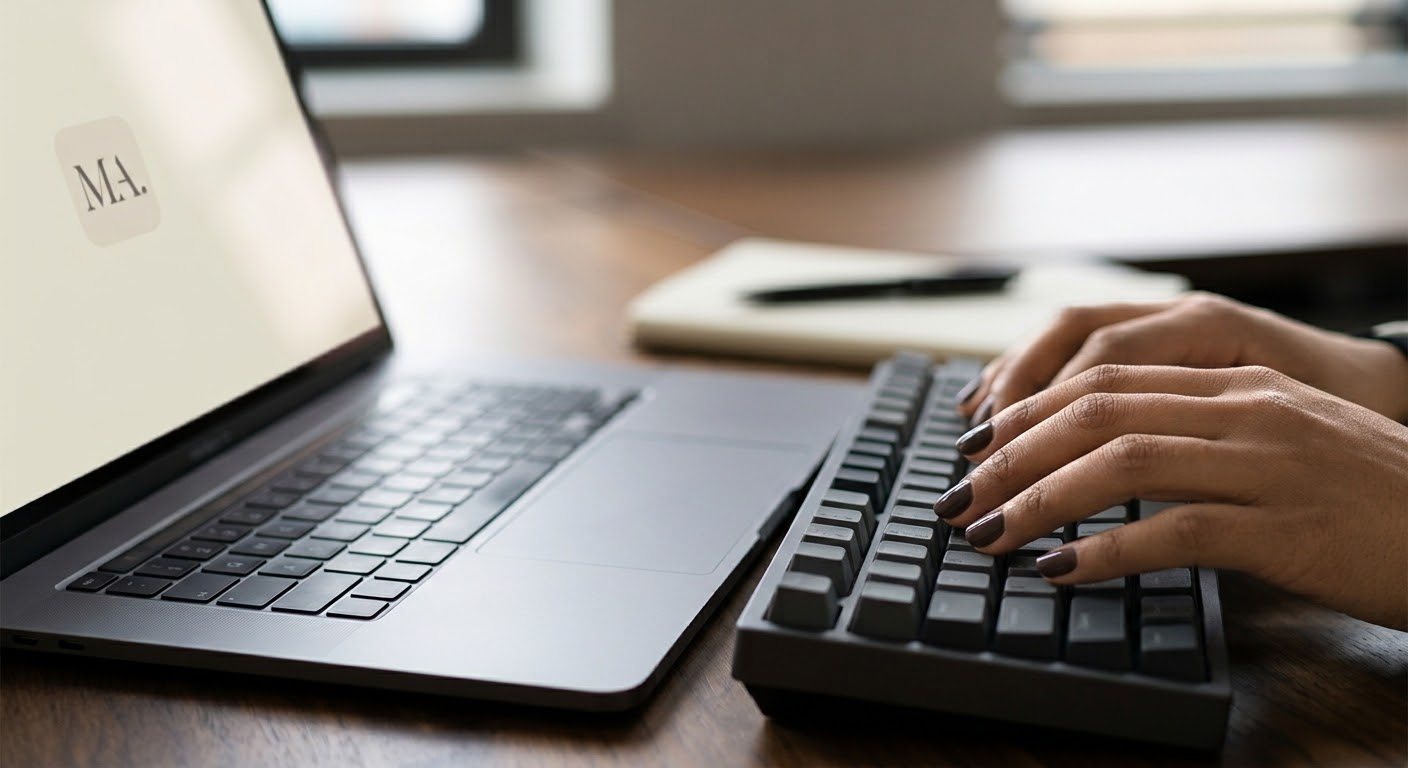 Hands typing beside an MA. laptop