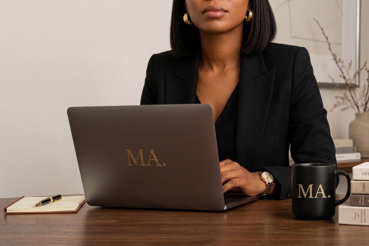 Founder at her desk with an MA. laptop and mug