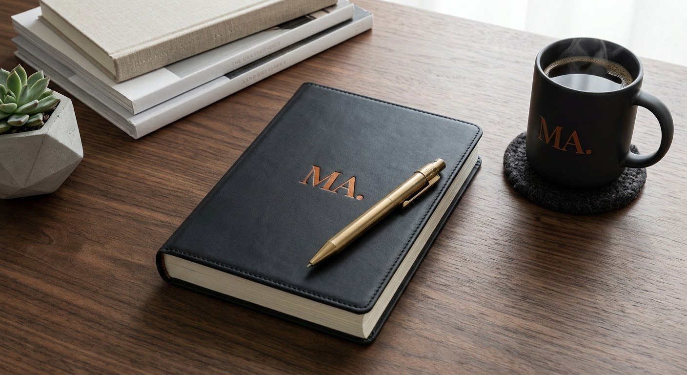 A black MA. notebook with a pen and coffee on a wooden desk